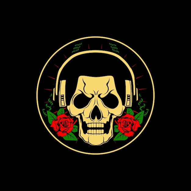 Calavera con ilustración de auriculares con fondo de flor rosa