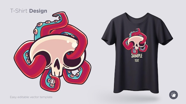 Vector calavera con ilustración de pulpo y camiseta