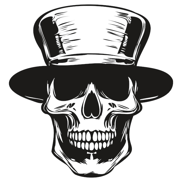 Calavera con imagen de sombrero de copa vector dibujado a mano imágenes prediseñadas en blanco y negro