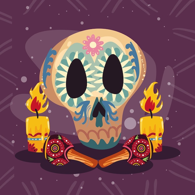 Calavera con maracas y velas