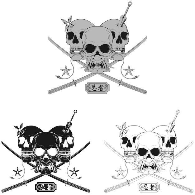 Calavera con máscara hannya y katanas