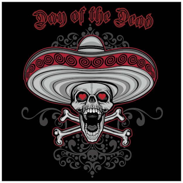 Una calavera mexicana con sombrero y la palabra día de muertos en un fondo negro.