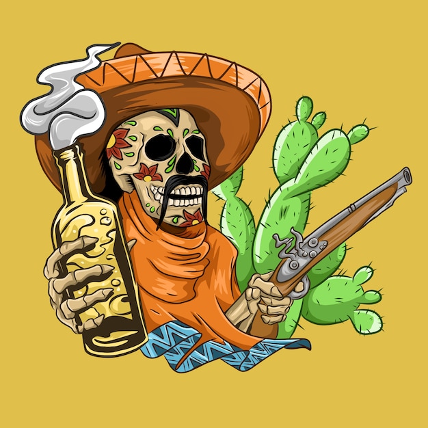 Calavera mexicana con sombrero, pistolas y cerveza