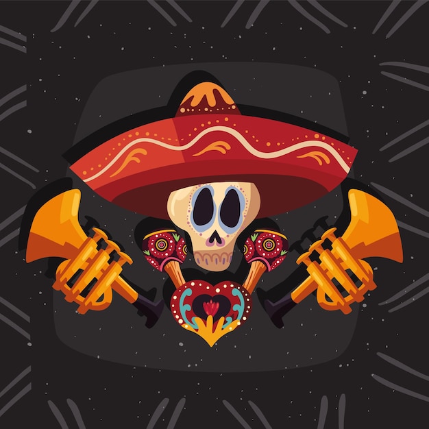 Calavera mexicana con sombrero y trompetas