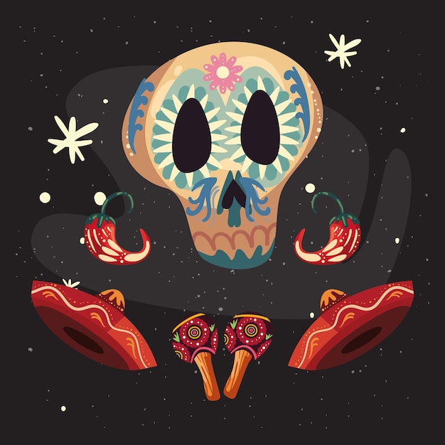 Calavera mexicana con sombreros y maracas