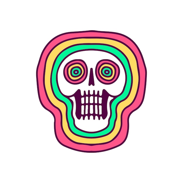 Calavera de moda con arco iris psicodélico, ilustración para camisetas, pegatinas o prendas de vestir.