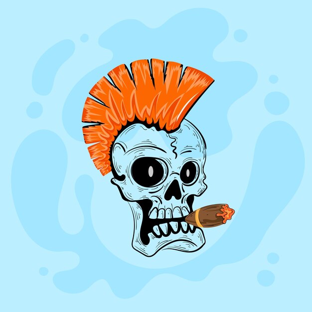 Una calavera con un mohawk naranja fumando un cigarrillo.