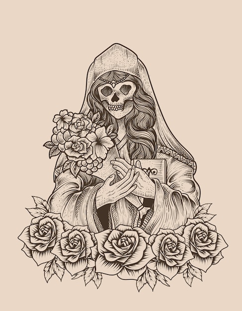 Calavera de mujer de azúcar de ilustración con estilo de grabado