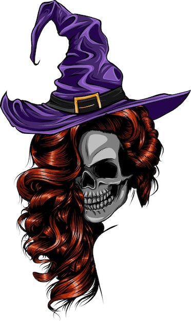 Calavera de mujer con sombrero de bruja.