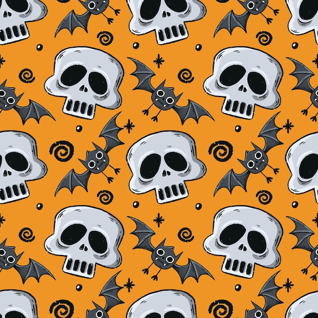 Calavera y murciélago halloween de patrones sin fisuras sobre fondo naranja