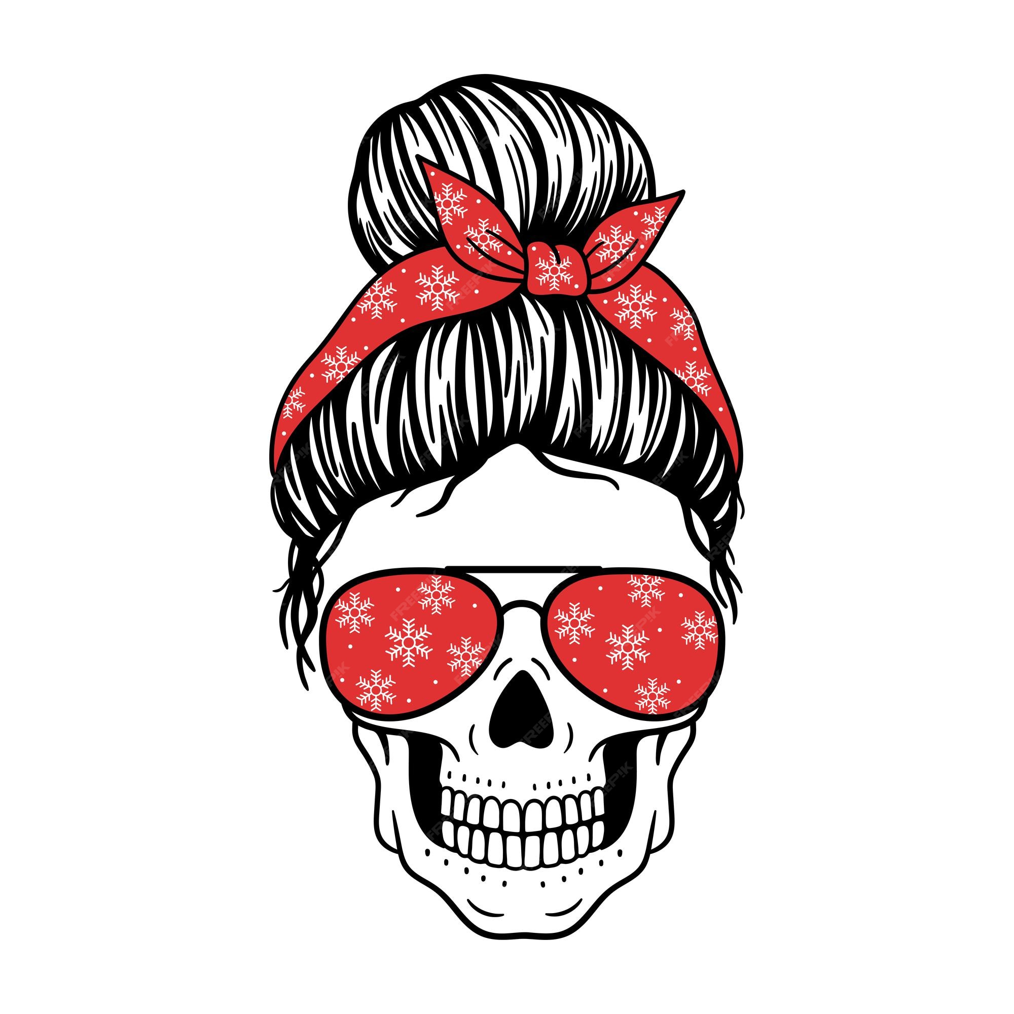 Opinión Movilizar dinámica Calavera navideña calavera femenina con pañuelo de gafas de aviador y estampado  de copos de nieve | Vector Premium