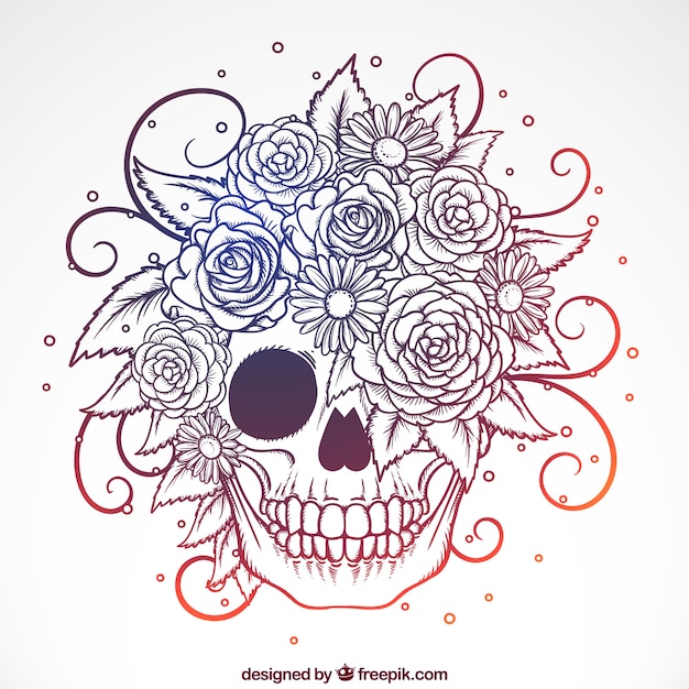 Vector calavera ornamental con flores dibujadas a mano