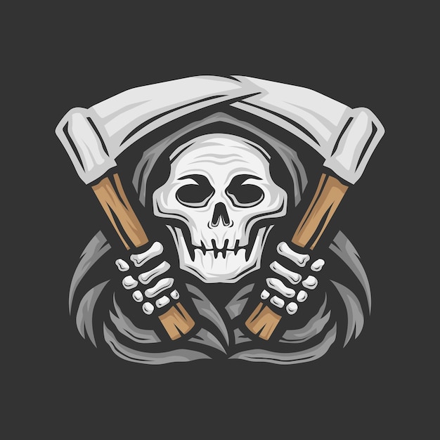 Calavera parca con la ilustración de vector de logo de hoz