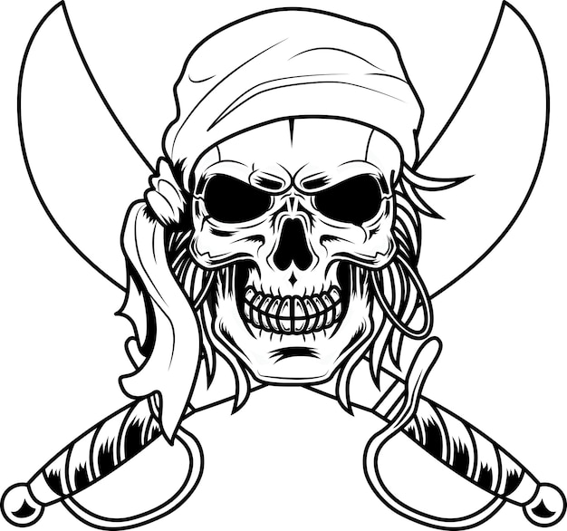 Vector calavera pirata contorneada con diseño de logotipo gráfico de dos sables