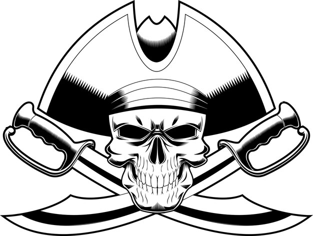 Calavera pirata contorneada con diseño de logotipo gráfico de dos sables