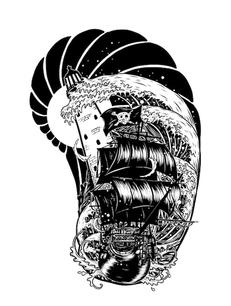 Calavera pirata con dibujo vectorial de barco a mano dibujando.