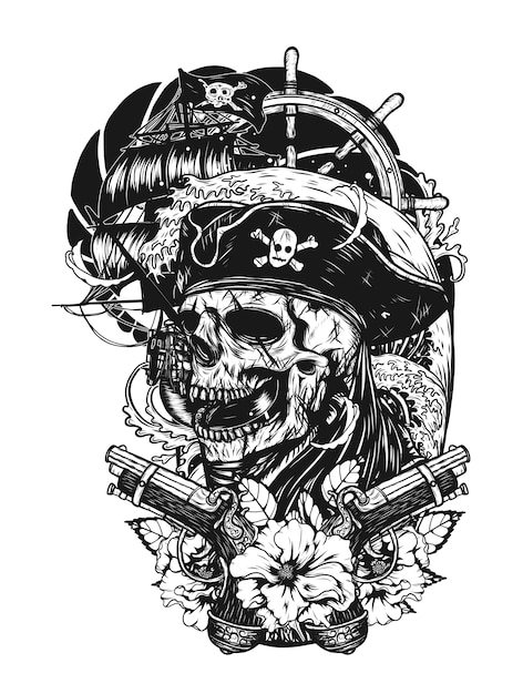 Calavera pirata con dibujo vectorial de barco a mano dibujando.