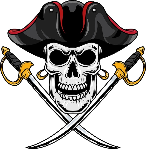 Calavera pirata con dos sables Logotipo gráfico Diseño Vector Ilustración dibujada a mano