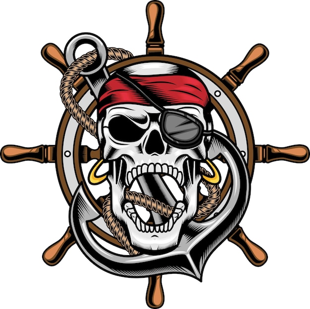 Calavera pirata sobre ancla en cuerdas y diseño de logotipo gráfico de timón de barco