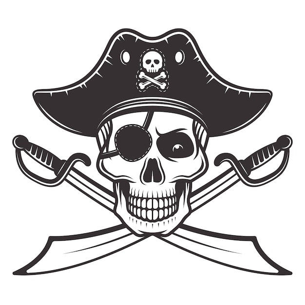 Calavera pirata con sombrero y parche en el ojo con dos sables cruzados ilustración