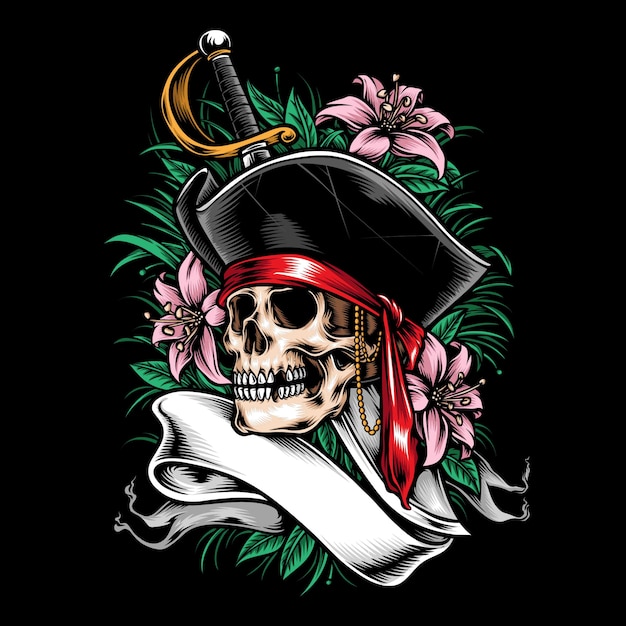 Calavera piratas con adornos florales