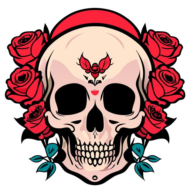 Vector calavera y rosas cabeza de esqueleto muerto y flores rojas tatuaje gótico vintage dibujado a mano