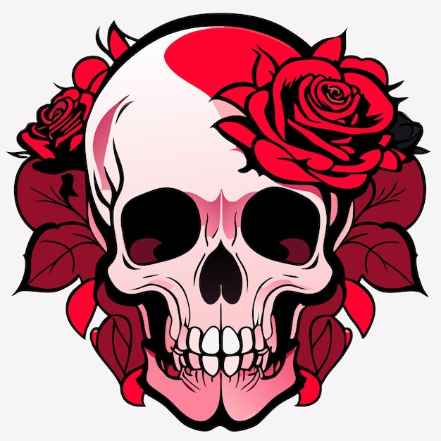 Vector calavera y rosas cabeza de esqueleto muerto y flores rojas tatuaje gótico vintage dibujado a mano