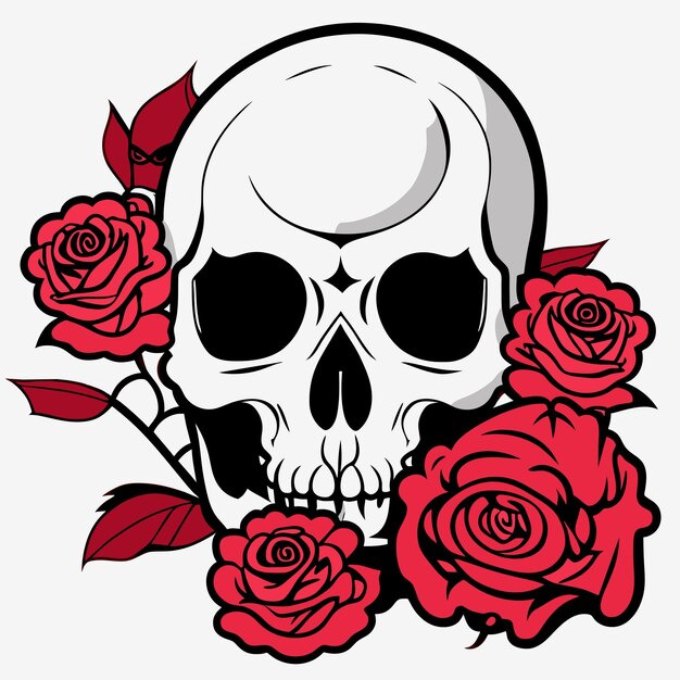 Vector calavera y rosas cabeza de esqueleto muerto y flores rojas tatuaje gótico vintage dibujado a mano