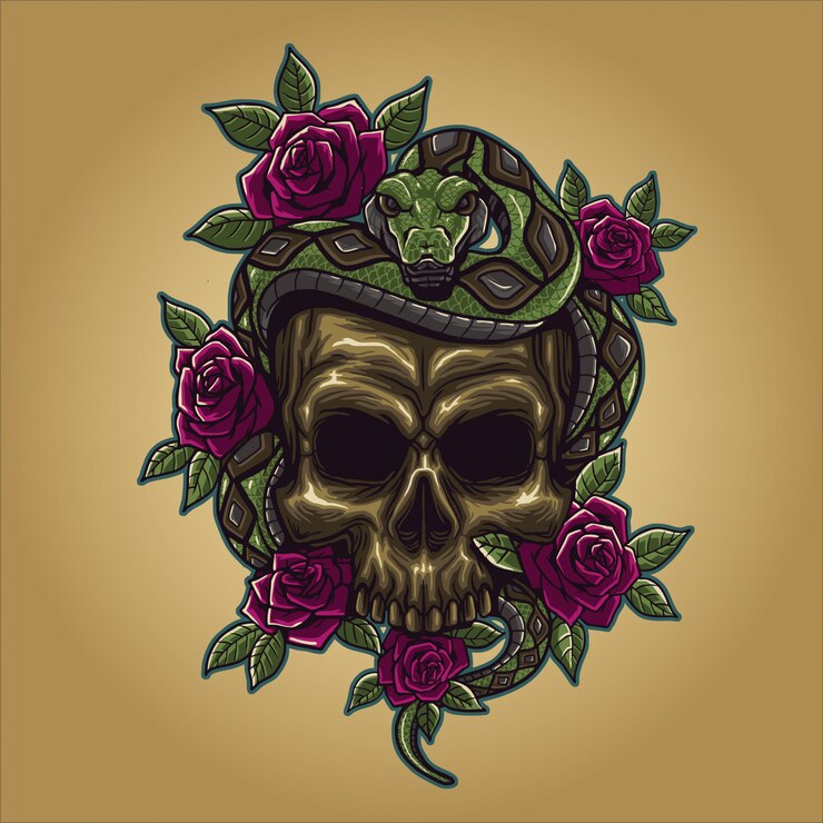 Calavera con serpiente y rosa