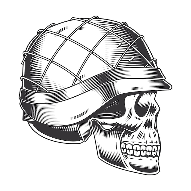 Calavera soldado cabeza casco línea lateral arte vintage tatuaje o diseño de impresión vector illustratio