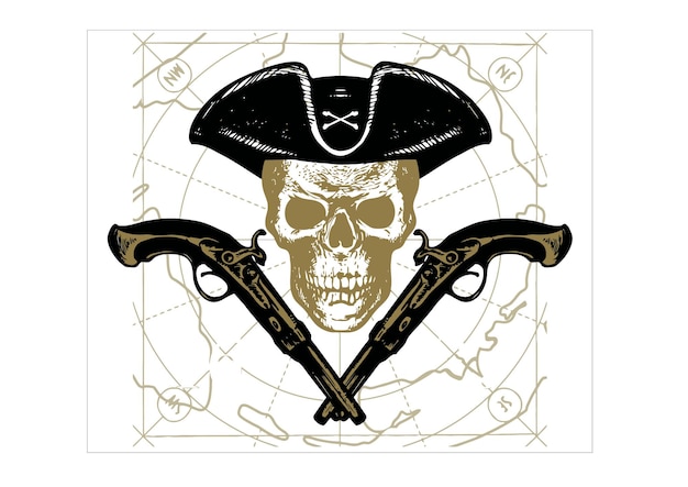 Una calavera con sombrero y dos pistolas está rodeada por un cuadrado dorado.