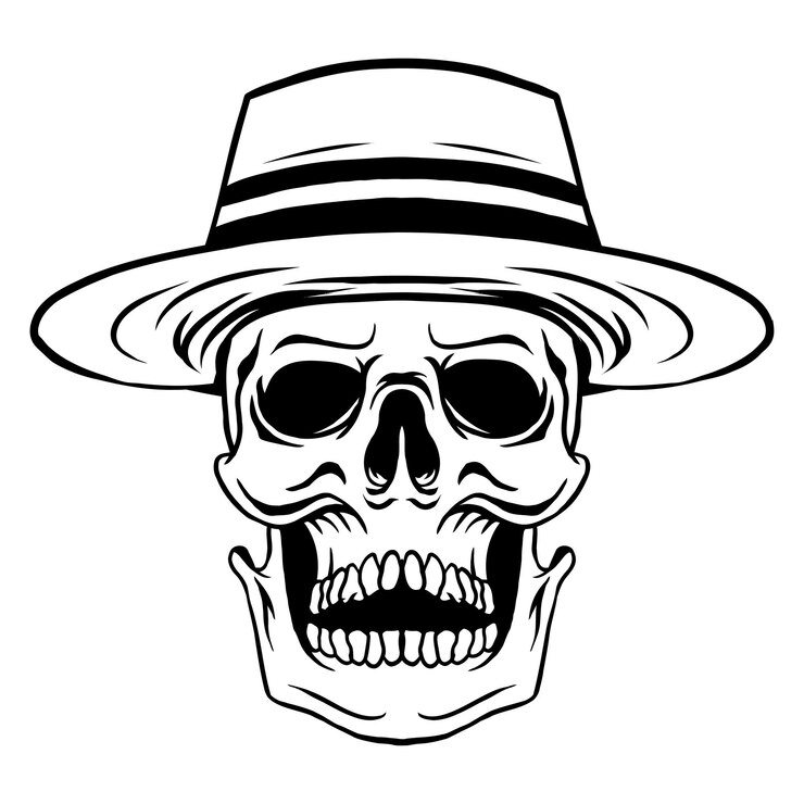 Calavera con sombrero de paja en estilo vintage blanco y negro