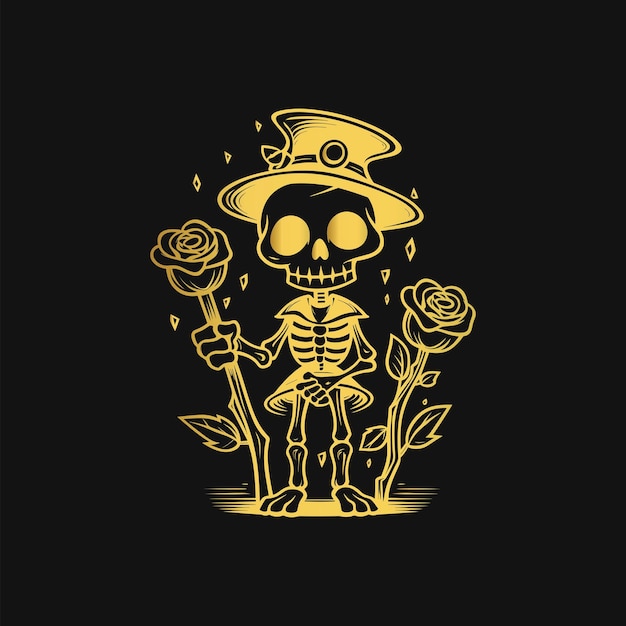 Calavera con sombrero y sosteniendo una flor dorada.