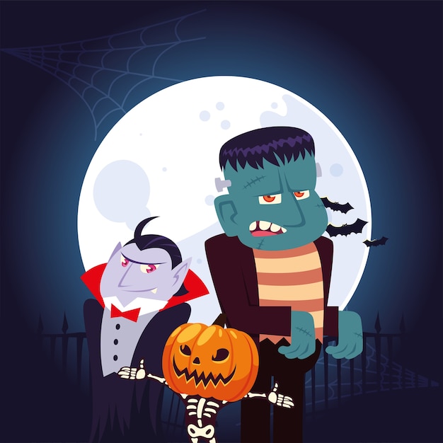 Vector calavera de vampiro de halloween con dibujos animados de calabaza y frankenstein en el diseño de noche, ilustración de tema de vacaciones y miedo