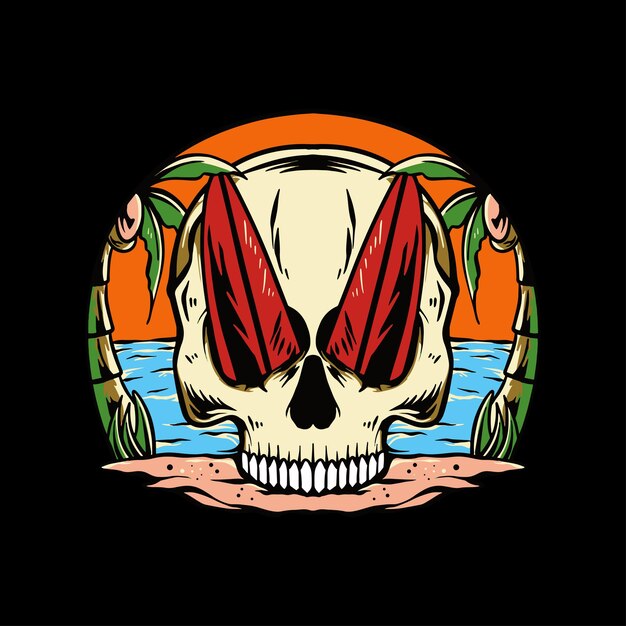 Calavera vectorial con ilustración de surf