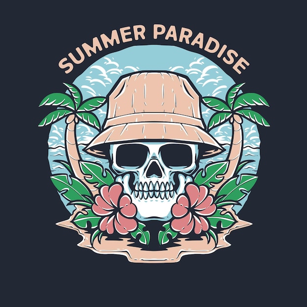 Calavera de verano en la playa con vector de flores tropicales