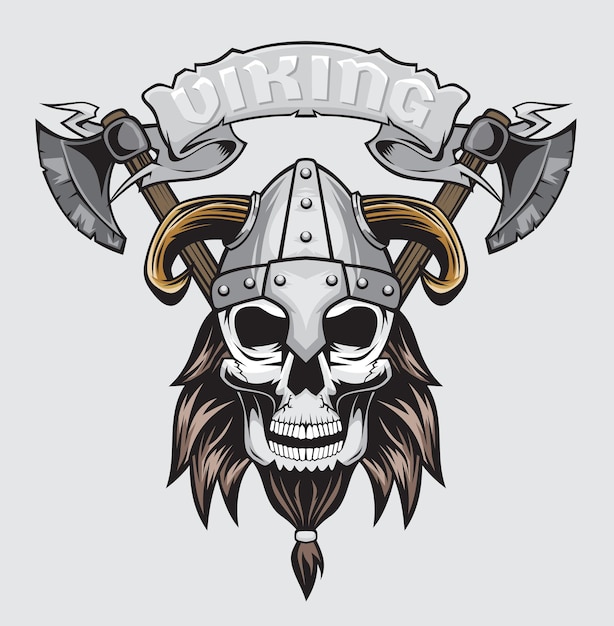 Calavera vikinga con casco con cuernos y hachas cruzadas.