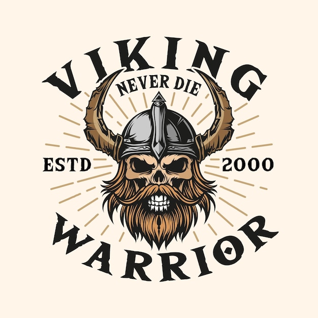 La calavera vikinga, el guerrero vikingo, el casco vikingo, la barba, el logotipo vintage.