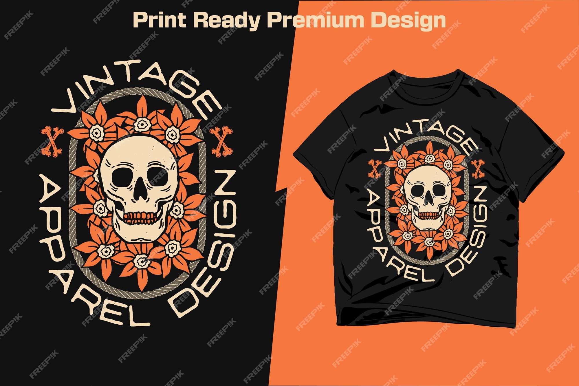 Calavera vintage con diseño de ropa flores listo para imprimir | Vector Premium