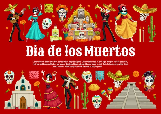 Calaveras de azúcar del día de muertos y catrina con estandarte del altar mexicano del día de los muertos esqueletos bailando con sombreros, guitarras y maracas, flores de caléndula, tequila, pan y pirámide