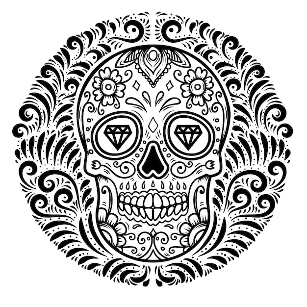 Calaveras de azúcar mexicanas con fondo floral. dia de los muertos.