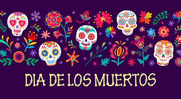 Calaveras de calavera de azúcar de dibujos animados y flores tropicales día de los muertos pancarta navideña mexicana tarjeta de felicitación vectorial con cabezas de calaca y flores coloridas al estilo tradicional alebrije