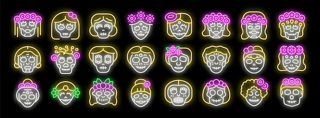 Las calaveras de catrina de neón celebrando el dia de los muertos con coronas florales