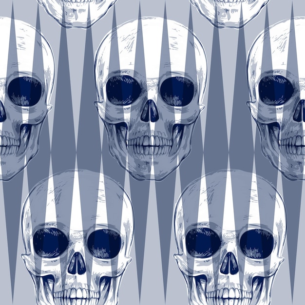 Calaveras y formas geométricas y efectos ópticos patrón sin fisuras vector blanco y negro