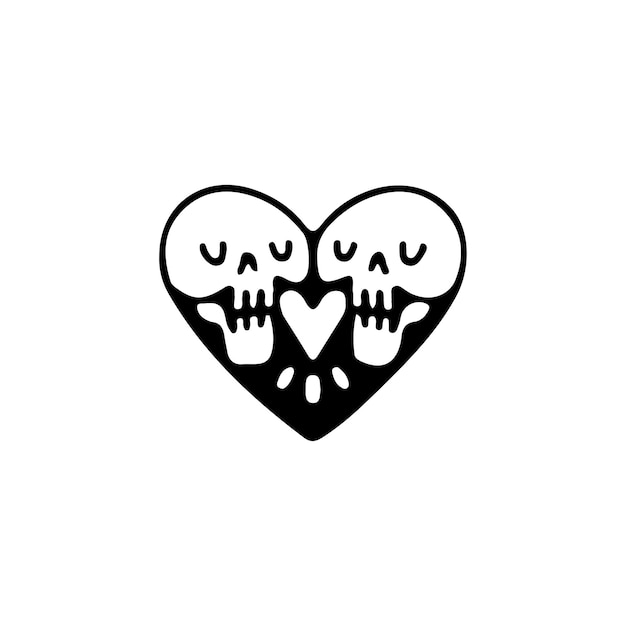 Calaveras románticas con forma de corazón, ilustración para camisetas, pegatinas o prendas de vestir.