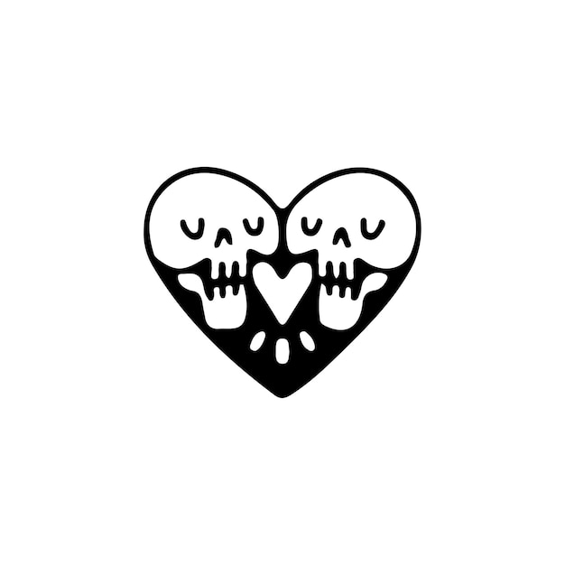 Calaveras románticas con forma de corazón, ilustración para camisetas, pegatinas o prendas de vestir.