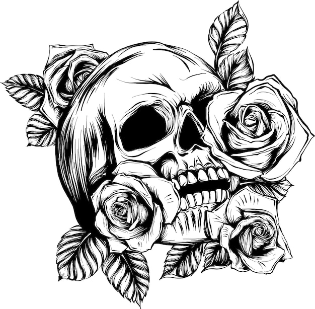 Calaveras con rosas sobre fondo blanco.