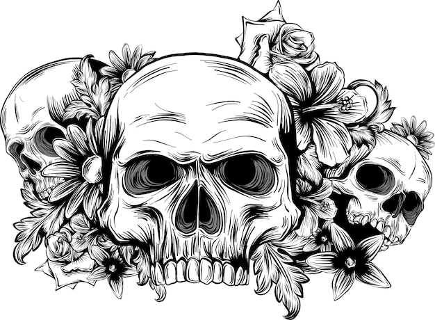 Calaveras con rosas sobre fondo blanco.