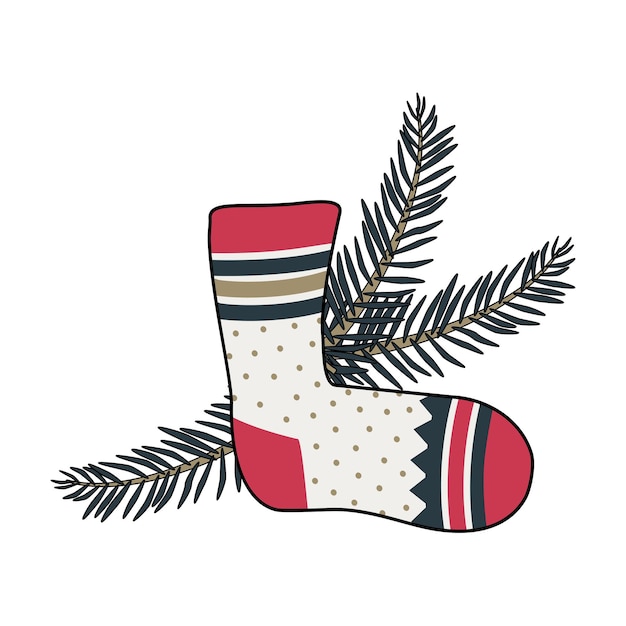 Calcetín de año nuevo con estampados y rama de árbol de Navidad. Elemento decorativo festivo para el diseño de vacaciones de invierno.
