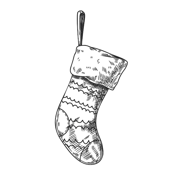 Calcetín de Navidad aislado sobre fondo blanco. Bosquejo, vector